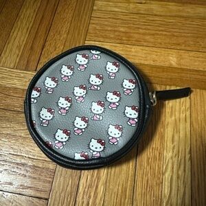 Hello Kitty Sanrio Red Bow Black Gray Round Coin Purse Wallet Pouch
